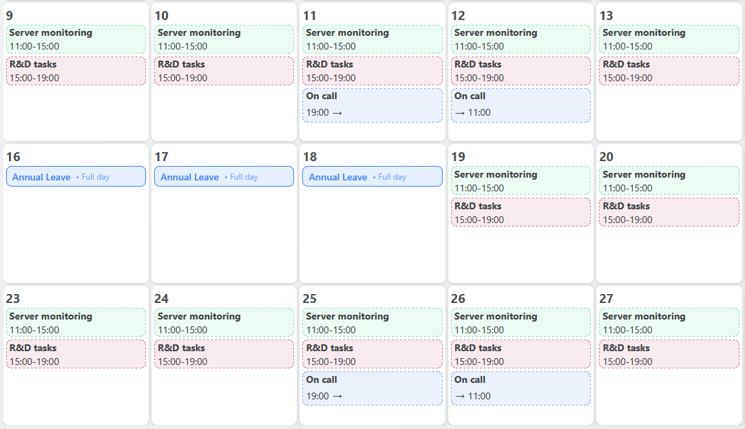 Weqly schedule interface showing weekly calendar view with shifts