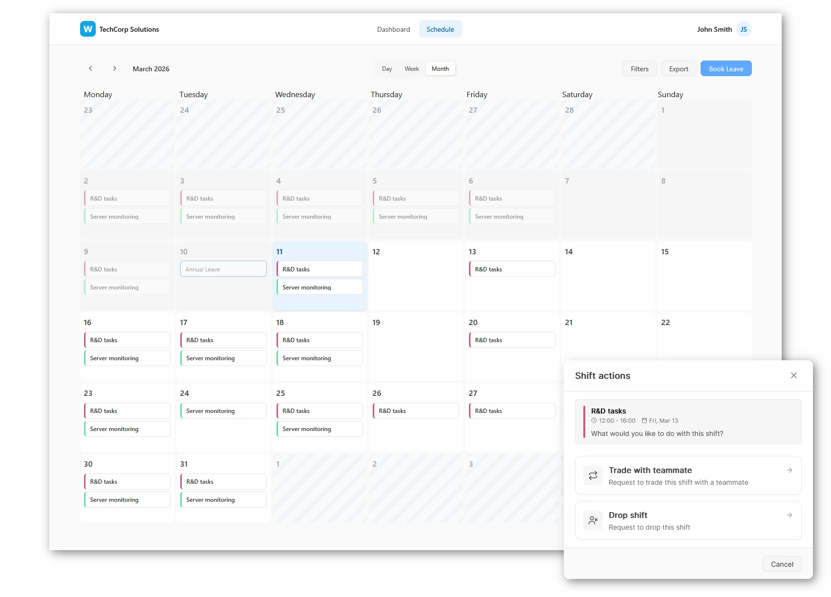 Weqly schedule interface showing monthly calendar view with shifts